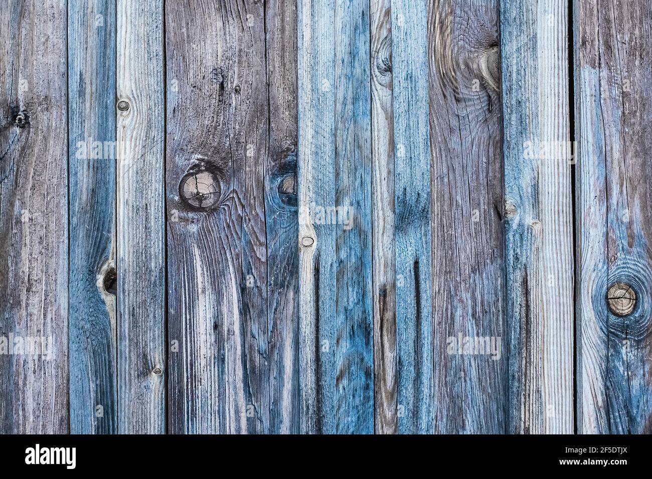 Dark gray seamless texture of an old wooden fence with blue paint, abstract plank background. Stock Photo