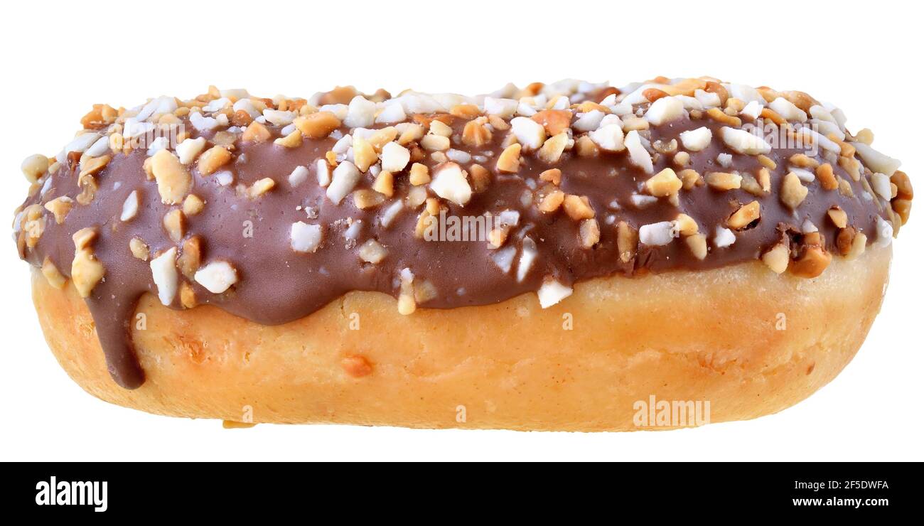 Chocolate glazed donut with nut flakes isolated on white background