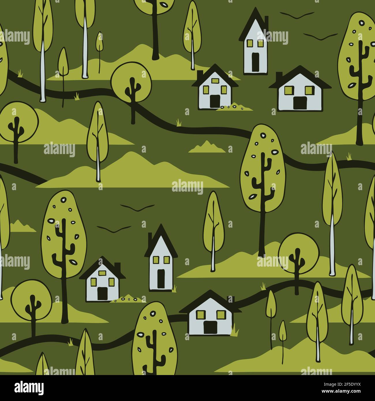 Seamless vector pattern with country village on green background. Rural landscape wallpaper design. Happy home fashion textile. Stock Vector