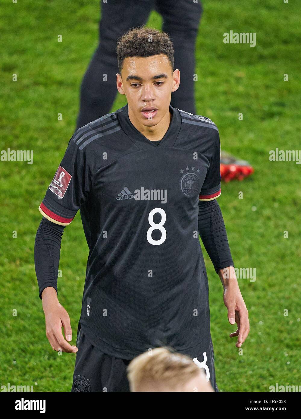 Jamal MUSIALA, DFB 8  half-size, portrait, one person, single, Aktion, Einzelbild, angeschnittenes Einzelmotiv, Halbfigur, halbe Figur,  in the match GERMANY - ICELAND 3-0 Deutschland - ISLAND 3-0 Qualification for World Championships, WM Quali, Season 2020/2021,  March 25, 2021  in Duisburg, Germany.  © Peter Schatz / Alamy Live News  Important: DFB regulations prohibit any use of photographs as image sequences and/or quasi-video. Stock Photo