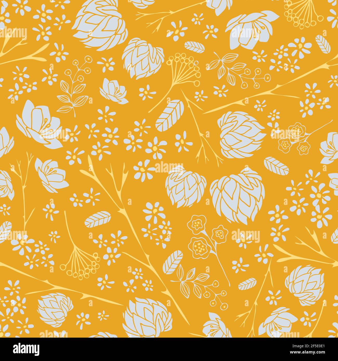 Seamless vector pattern with flowers on yellow background.  Simple floral wallpaper design. Vintage fashion textile. Stock Vector
