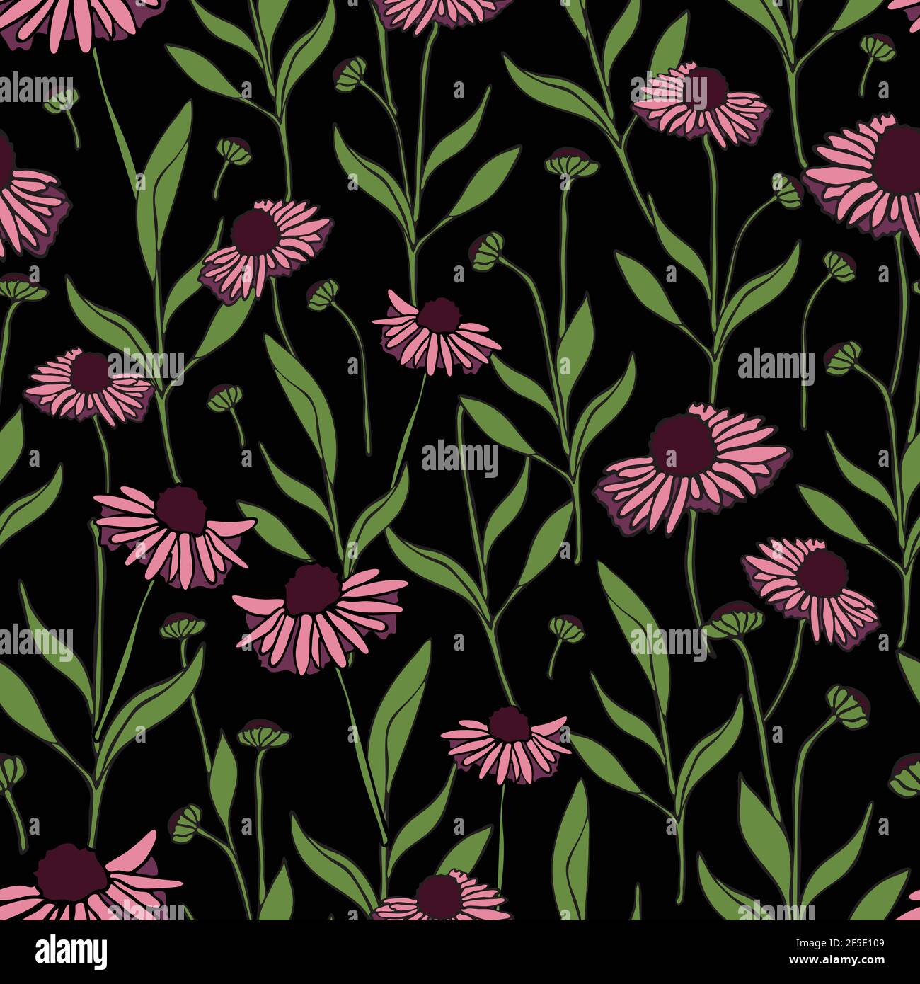 Seamless vector pattern with pink daisy's on black background. Repeat  wallpaper design with flowers. Dark floral fabric print Stock Vector Image  & Art - Alamy