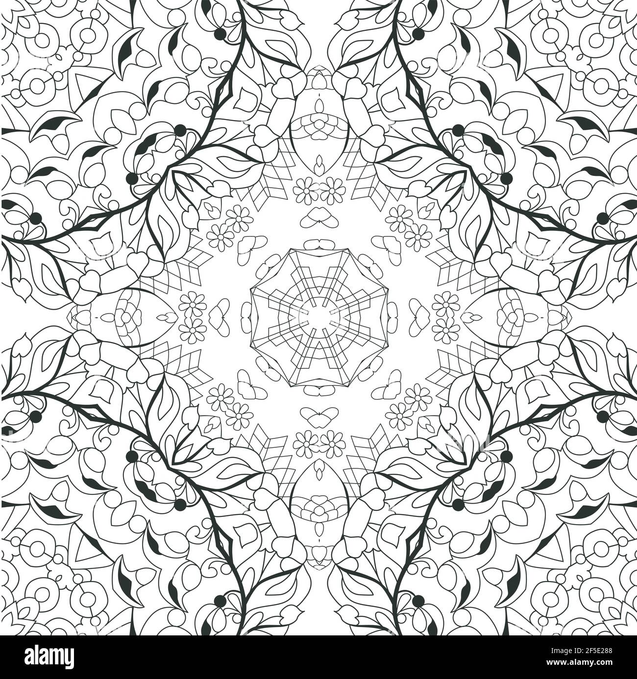 Vector adult coloring book seamless textures. Hand-painted art design. Adult anti-stress coloring page. Black and white hand drawn pattern for colorin Stock Vector