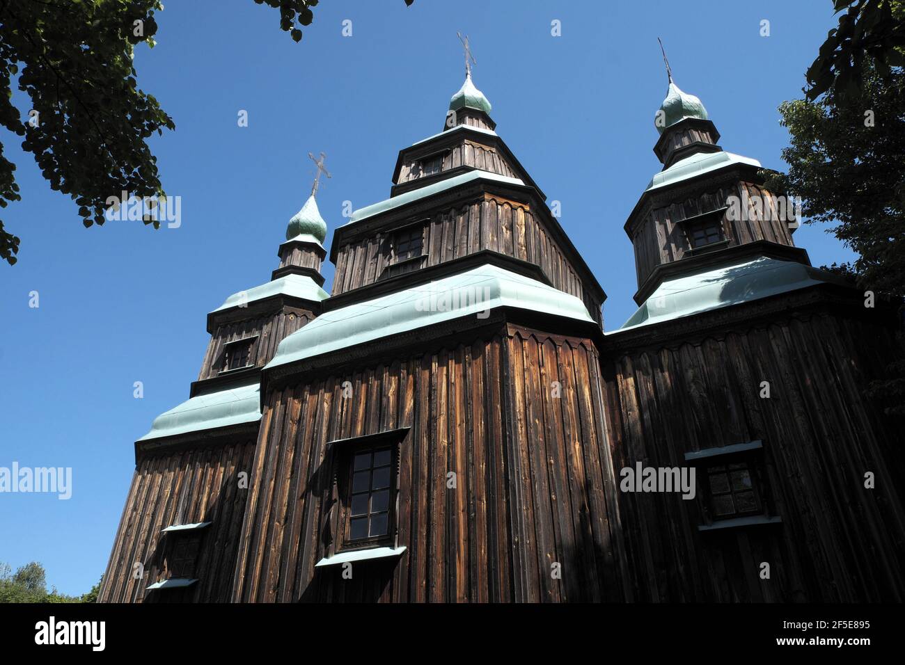 Old wooden church, Pirogovo Folk Architecture Museum, outside Kiev, Ukraine Stock Photo