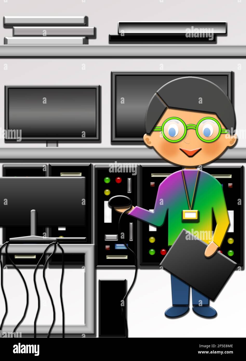 Cartoon of a cute Happy Computer Engineer, in his office. This illustration  is part of a collection of different professions Stock Photo - Alamy