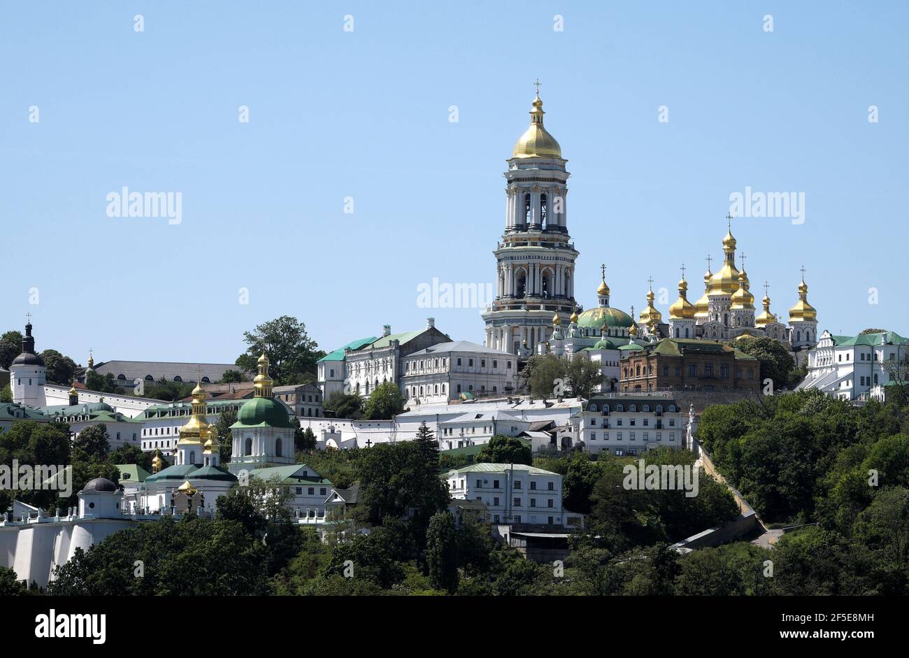 Golden domes of monasteries seen from River Dnieper, Kiev, Ukraine Stock Photo