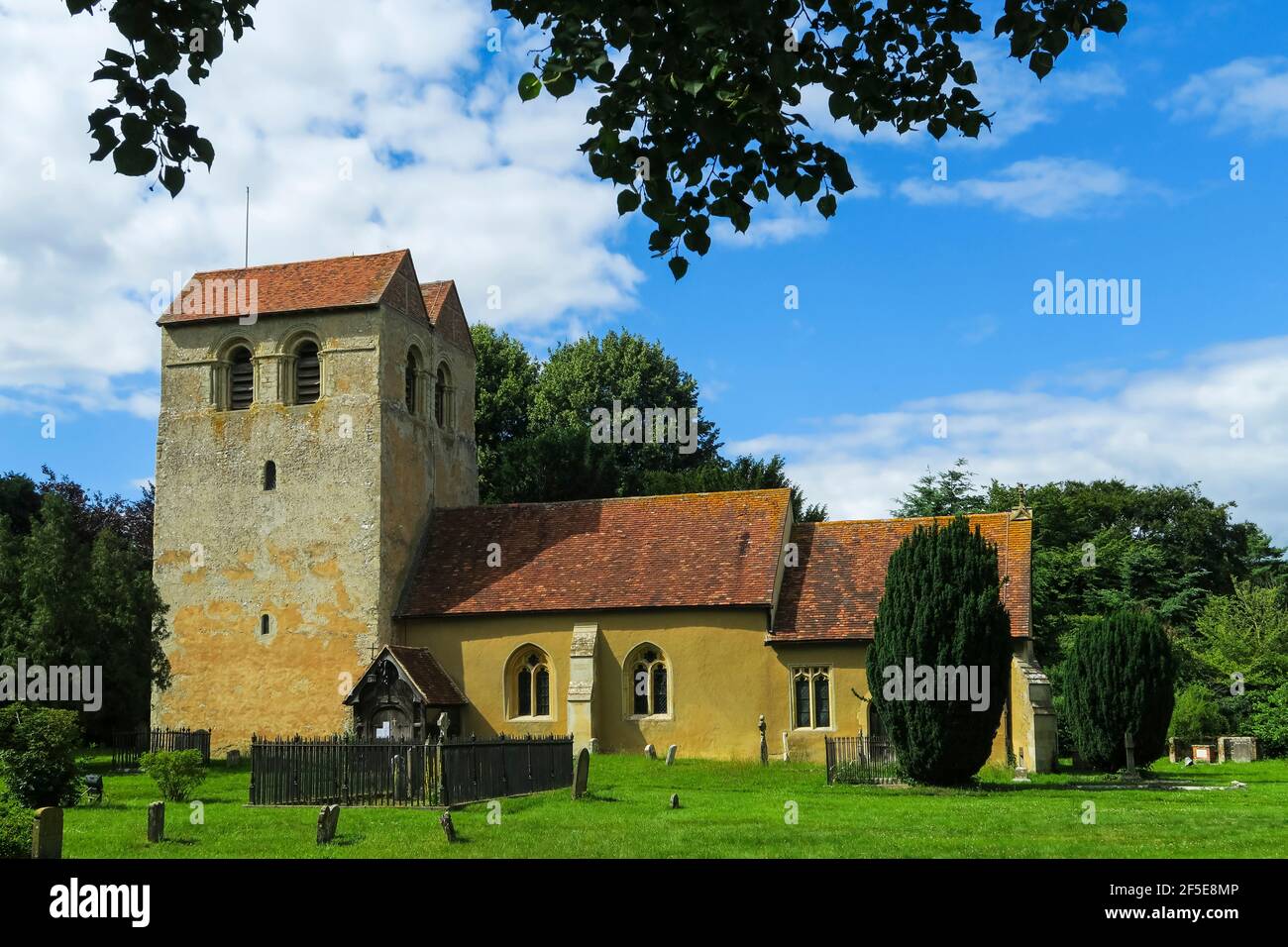 St Bartholomew's church with it's famous 12thC Norman Tower at Fingest in the Hambleden Valley; Fingest, Buckinghamshire, UK Stock Photo