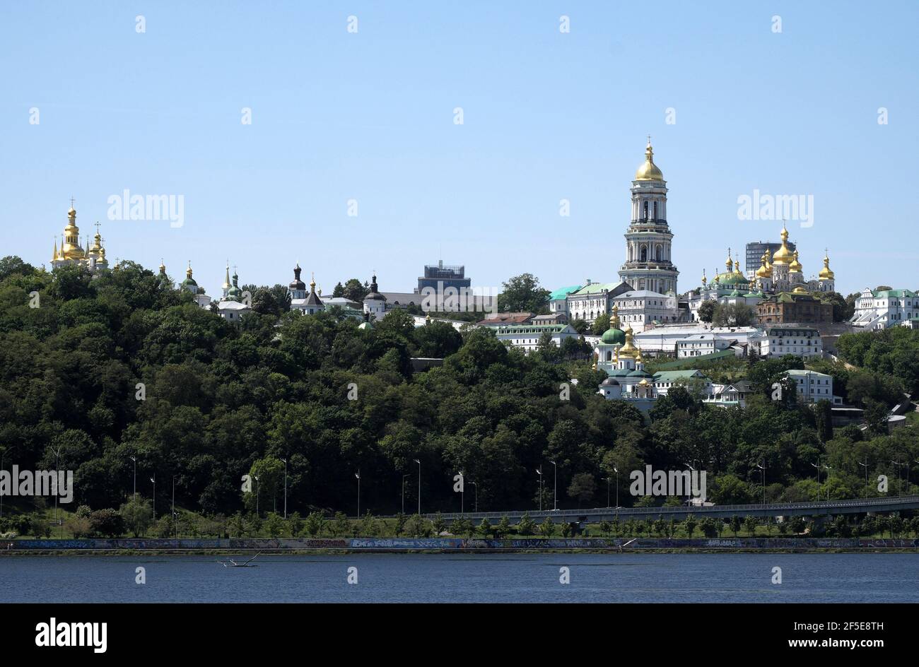 Golden domes of monasteries seen from River Dnieper, Kiev, Ukraine Stock Photo