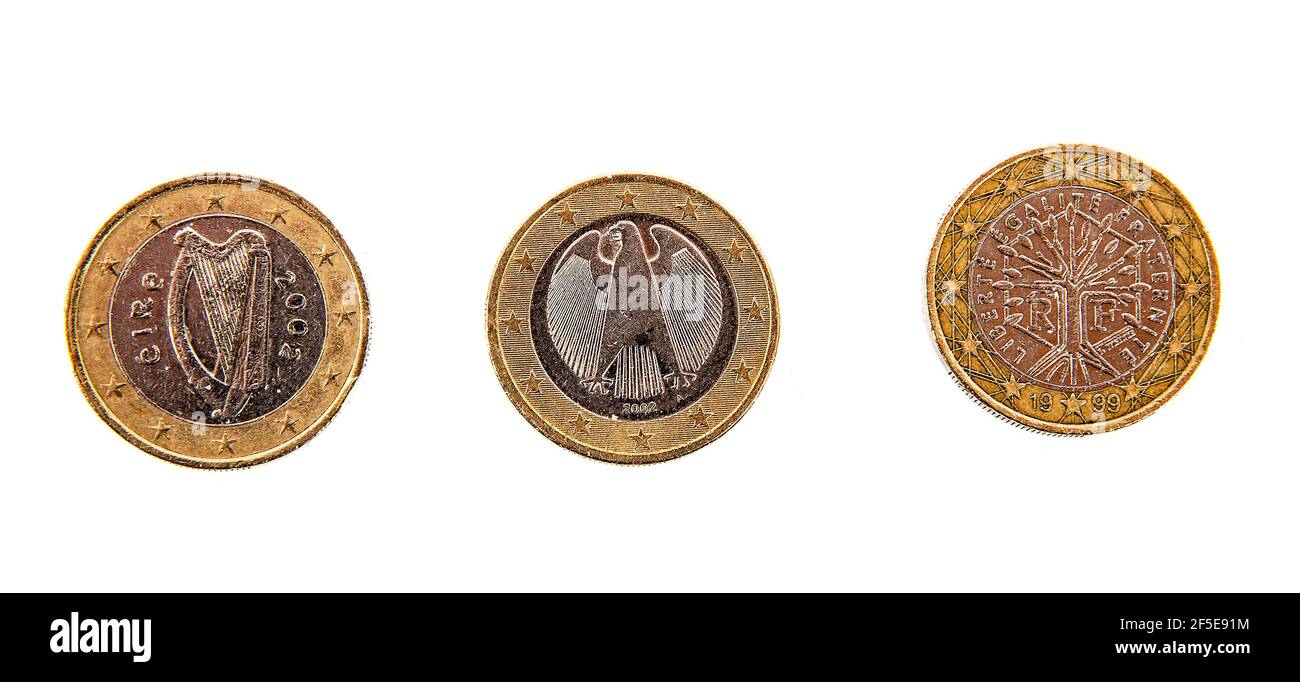 Europäische Euro-Münzen aus Deutschland, Frankreich und Irland. Stock Photo