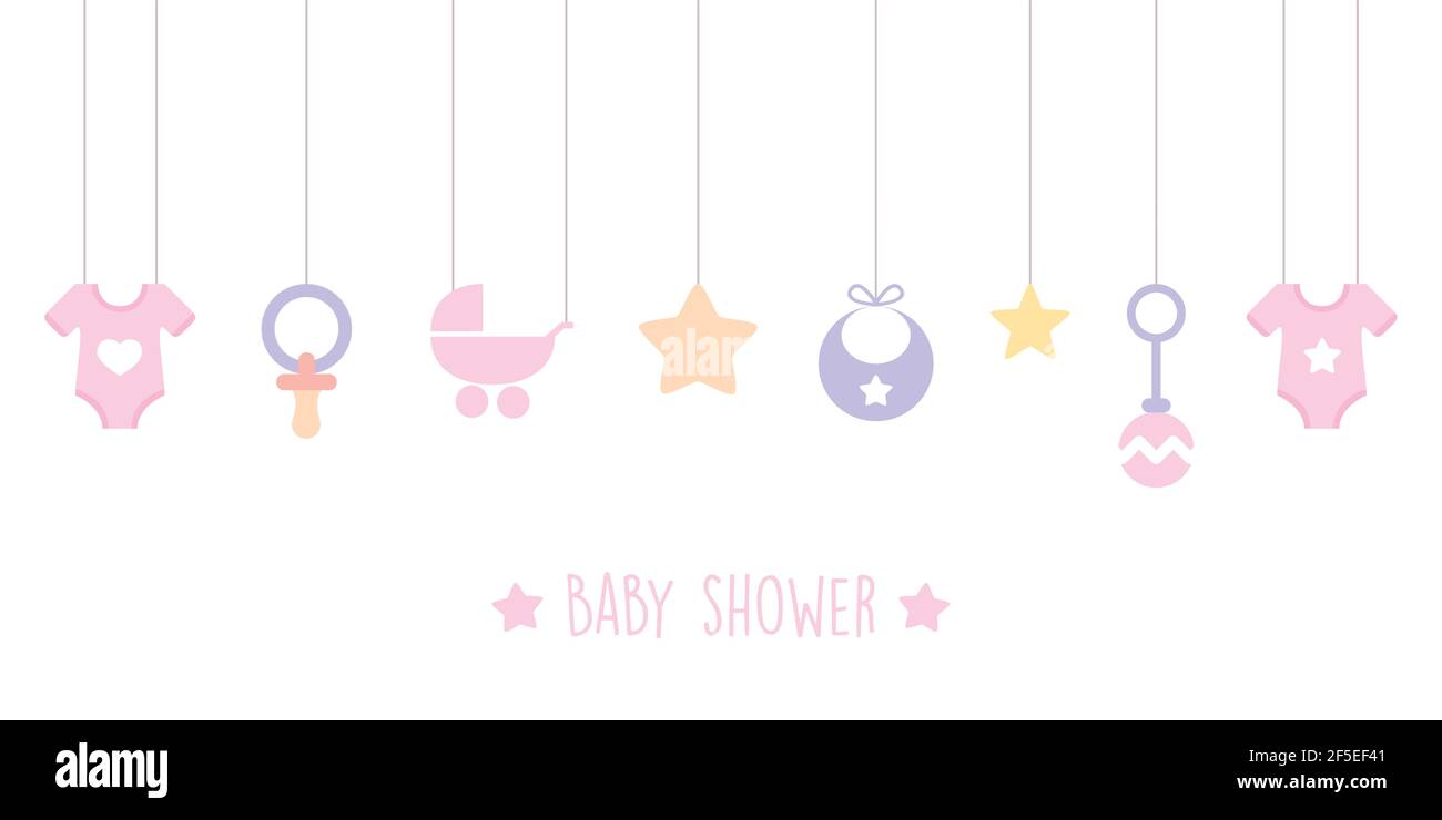 baby shower welcome greeting card for childbirth with hanging utensils Stock Vector