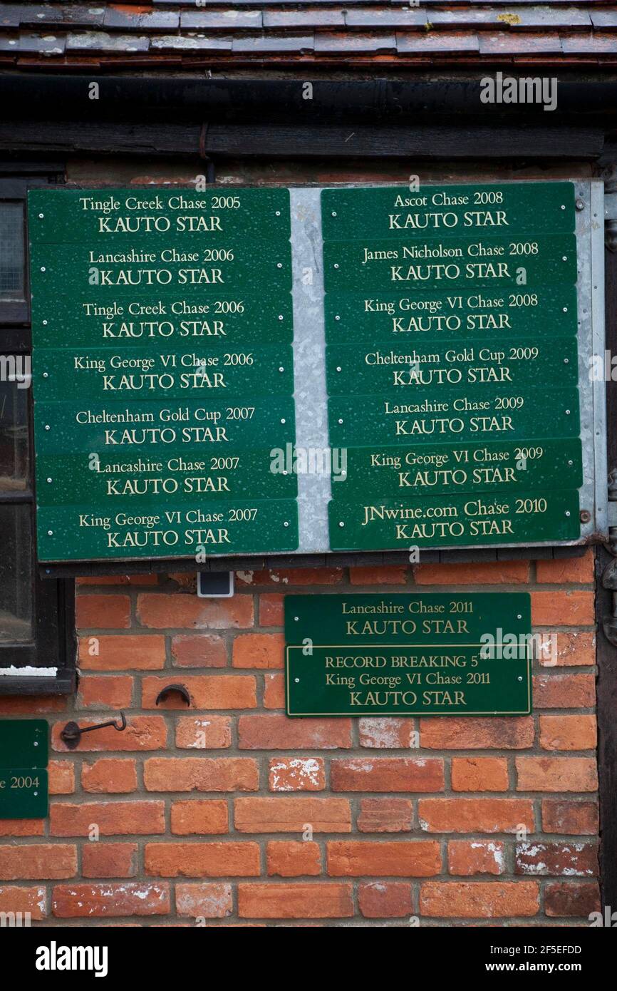 Plaques with Kauto Star's wins at Paul Nicholls stable in Ditcheat, Somerset, home of Grand National winner Neptune Collange and stars Kauto Star and Denman. 22 April 2012.  Photo by Adam Gasson. Stock Photo