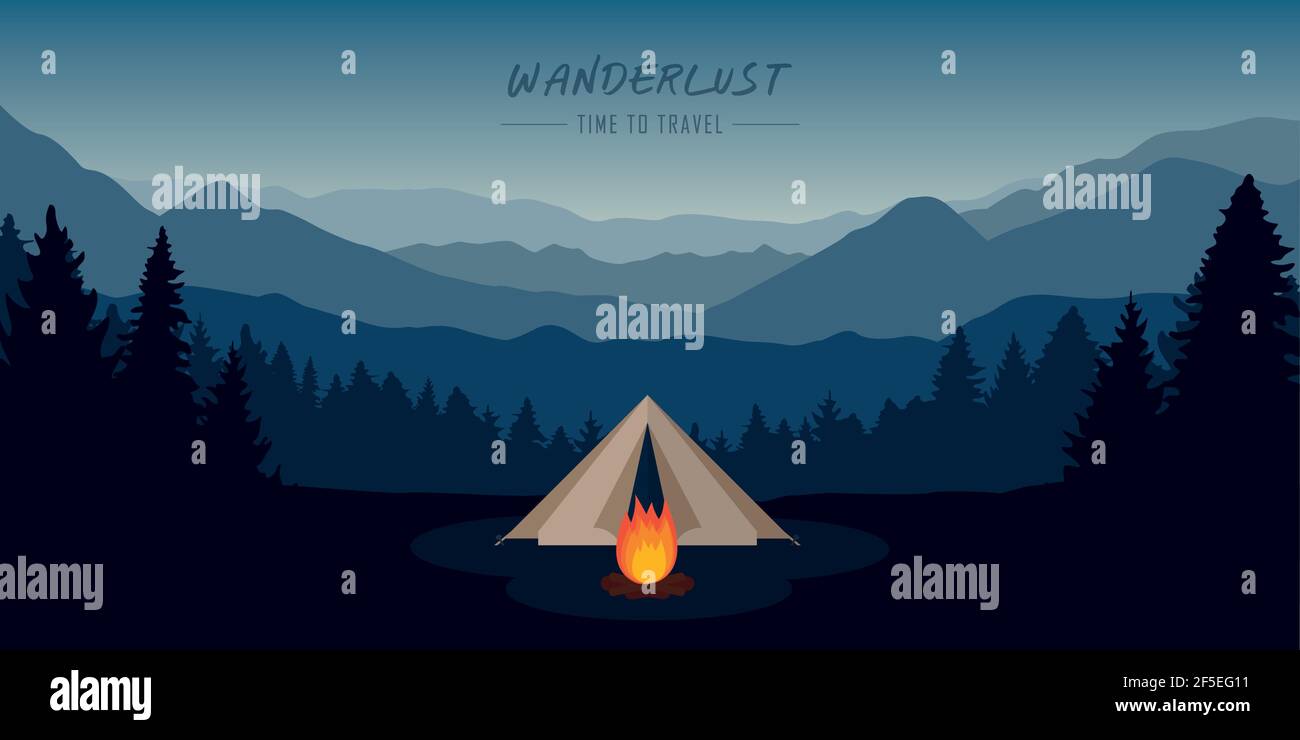 wanderlust camping adventure tent at mountain and forest landscape