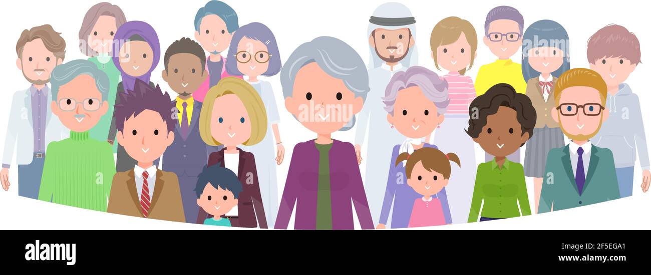 A set of senior women standing in front of a large number of people.It's vector art so easy to edit. Stock Vector