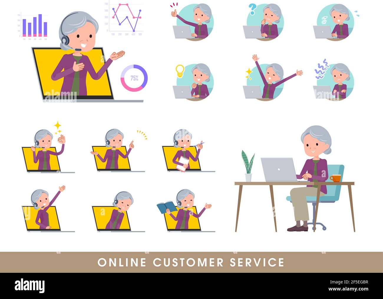 A set of senior women serving customers online.It's vector art so easy to edit. Stock Vector