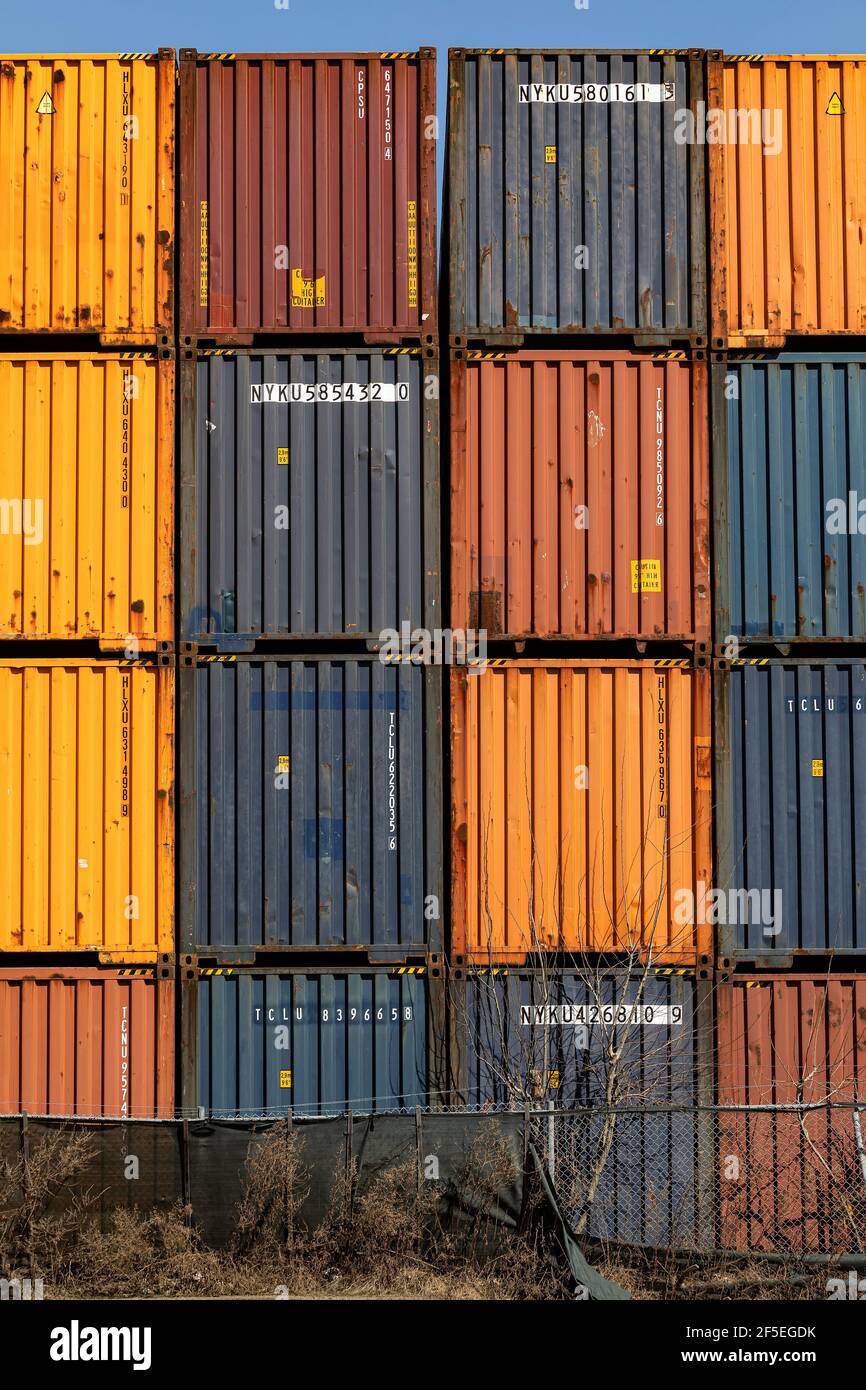 Shipping containers stacked at a port container terminal. Ontario Canada Stock Photo