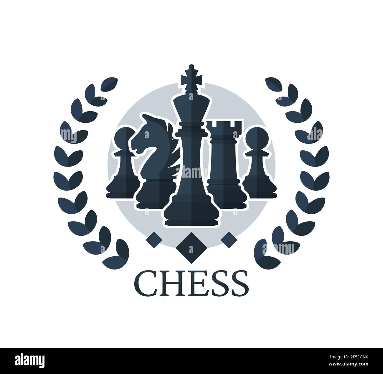 Chess vector emblem. Chess Pieces: King, Knight, Rook, Pawns with a wreath. Flat style. Vector illustration isolated on white background. Stock Vector