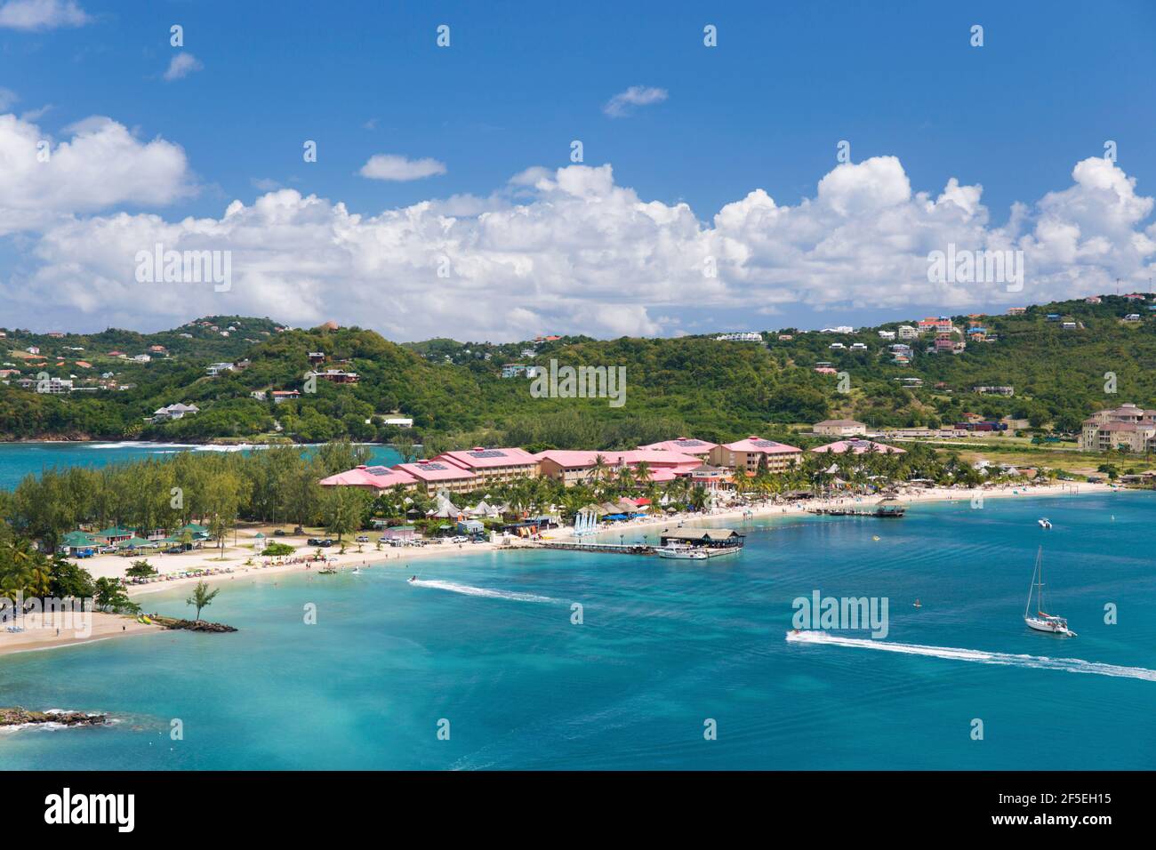 Pigeon Island National Landmark, Gros Islet, St Lucia. View from Fort Rodney over the sheltered turquoise waters of Rodney Bay. Stock Photo