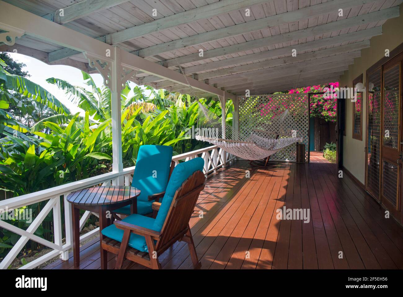 Soufriere, St Lucia. Large wooden terrace of a typical villa at the Stonefield Villa Resort. Stock Photo