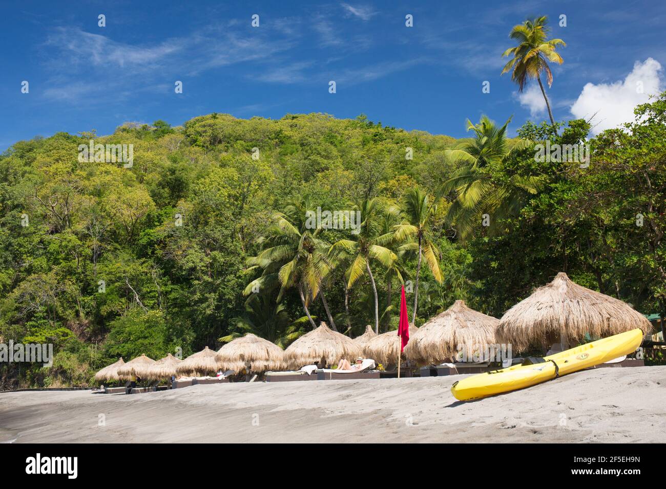 Soufriere, St Lucia. View along sandy beach from the water's edge, Anse Chastanet. Stock Photo