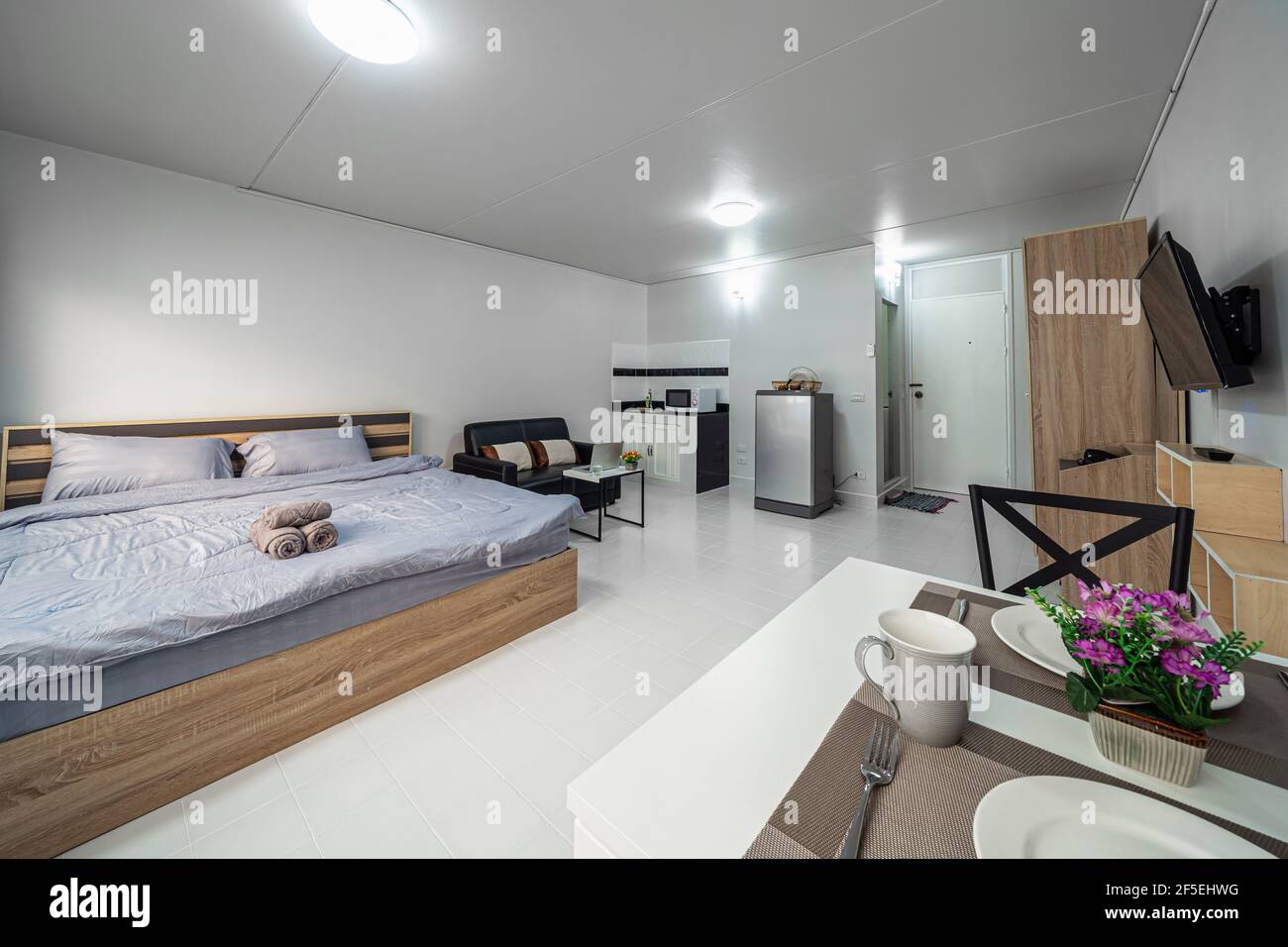 Luxury Interior living room with sofa bed and bed queen size, Dining