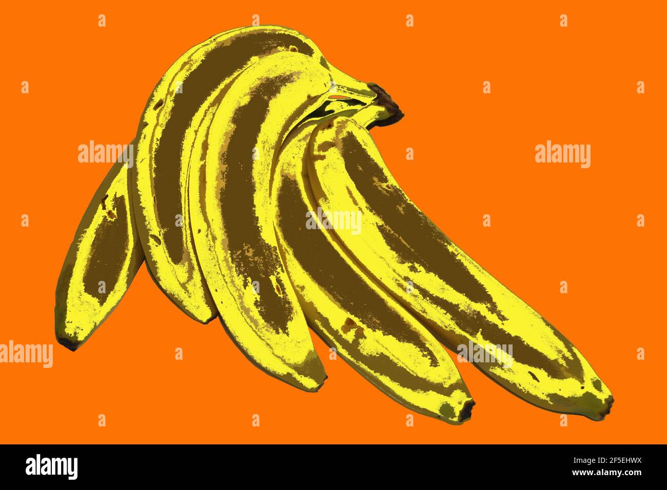 Bunch of yellow bananas against a hot orange background. Mixed media