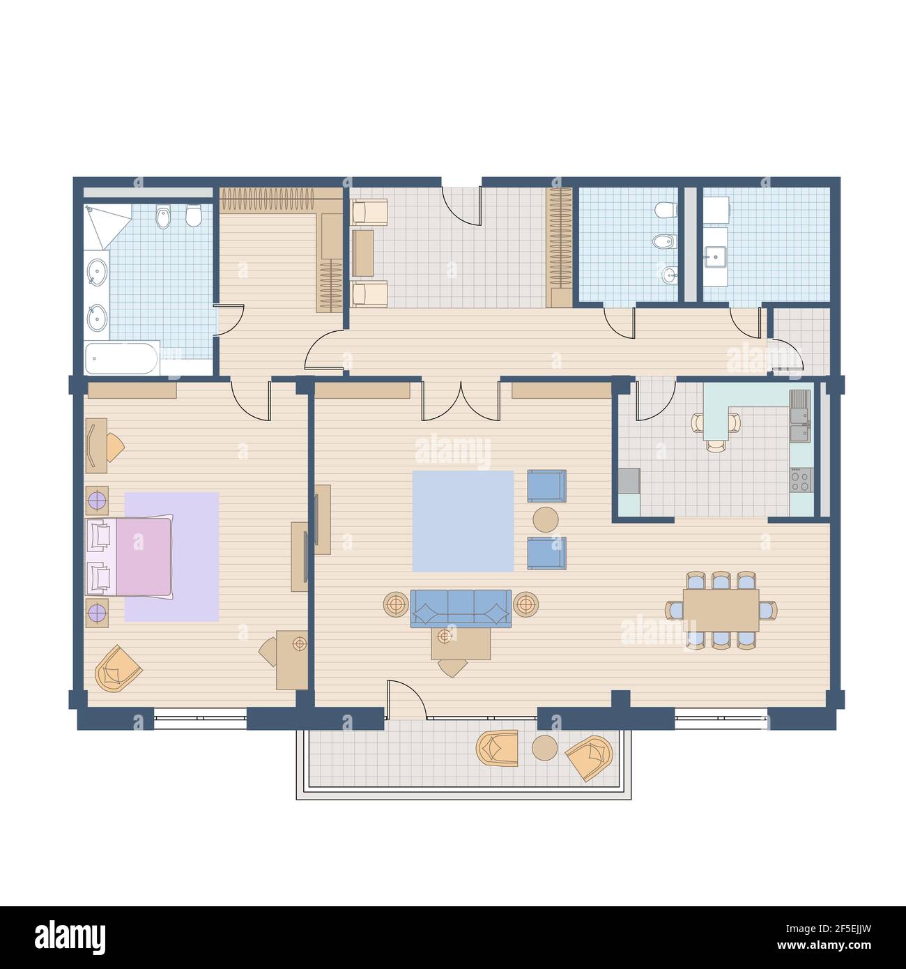 Architectural floor plan of the apartment. Colorful drawing. Top view with a set of furniture and plumbing equipment. Vector isolated Stock Vector