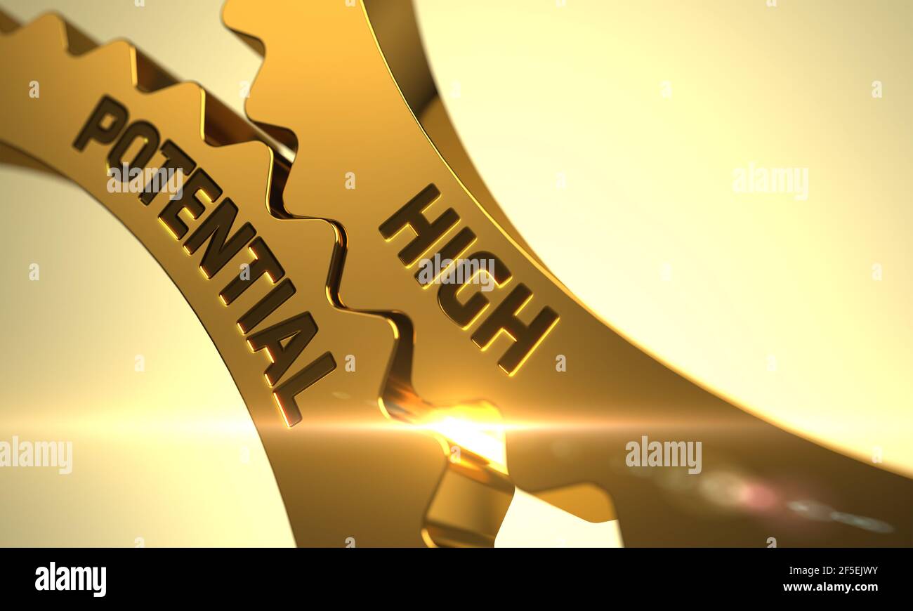 High Potential - Industrial Design. High Potential on Mechanism of Golden Metallic Cogwheels with Lens Flare. High Potential on Mechanism of Golden Metallic Cog Gears with Glow Effect. 3D. Stock Photo