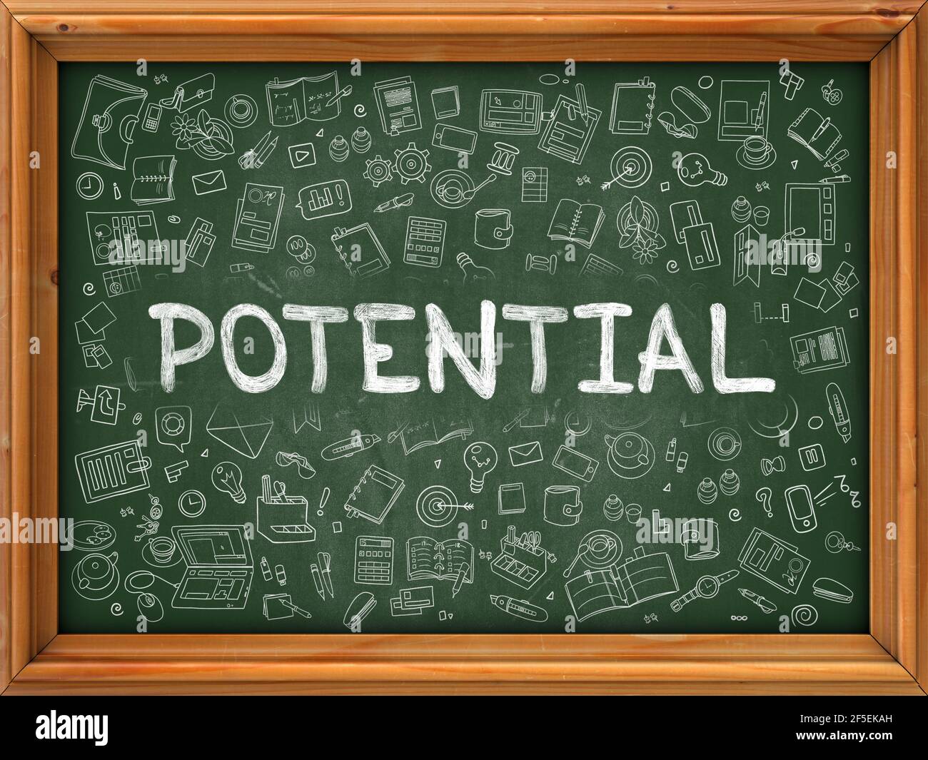 Potential - Hand Drawn on Green Chalkboard with Doodle Icons Around. Modern Illustration with Doodle Design Style. Stock Photo
