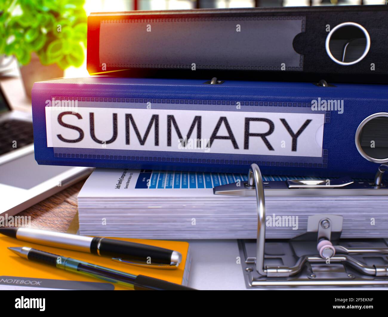 Summary - Blue Ring Binder on Office Desktop with Office Supplies and Modern Laptop. Summary Business Concept on Blurred Background. Summary - Toned Illustration. 3D Render. Stock Photo
