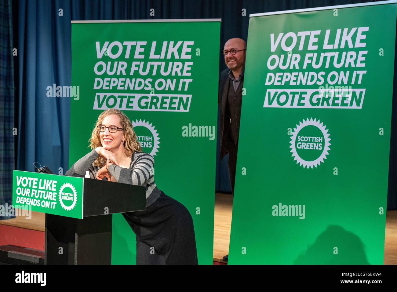North Queensferry, Scotland, UK. 26 March 2021. PICTURED: (left) Lorna Slater; (right) Patrick Harvie MSP. Scottish Greens will today mark the start of their party conference by unveiling an end of term ‘report card' highlighting the party's achievements during the last parliamentary term. Credit: Colin Fisher/Alamy Live News Stock Photo