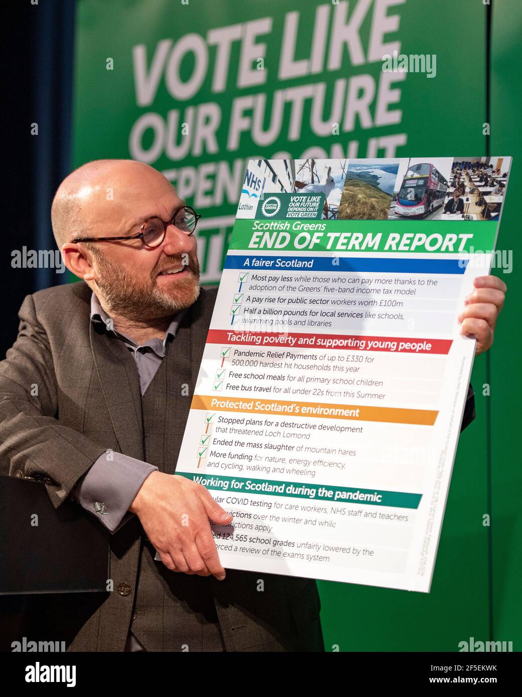 North Queensferry, Scotland, UK. 26 March 2021. PICTURED: Patrick Harvie MSP - Co Leader of the Scottish Green Party. Scottish Greens will today mark the start of their party conference by unveiling an end of term ‘report card' highlighting the party's achievements during the last parliamentary term. Credit: Colin Fisher/Alamy Live News Stock Photo
