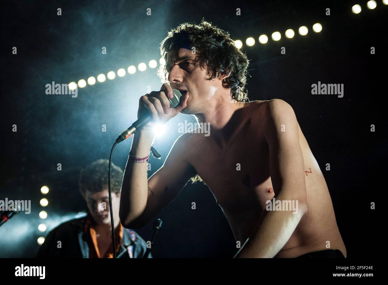 Lias Saoudi of Fat White Family plays live on stage on day one of Field