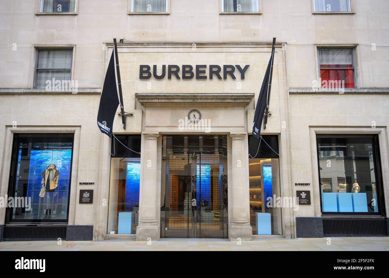 Burberry store front, luxury shops closed during Covid-19 lockdown on 26 March 2021 in London’s Bond Street Stock Photo