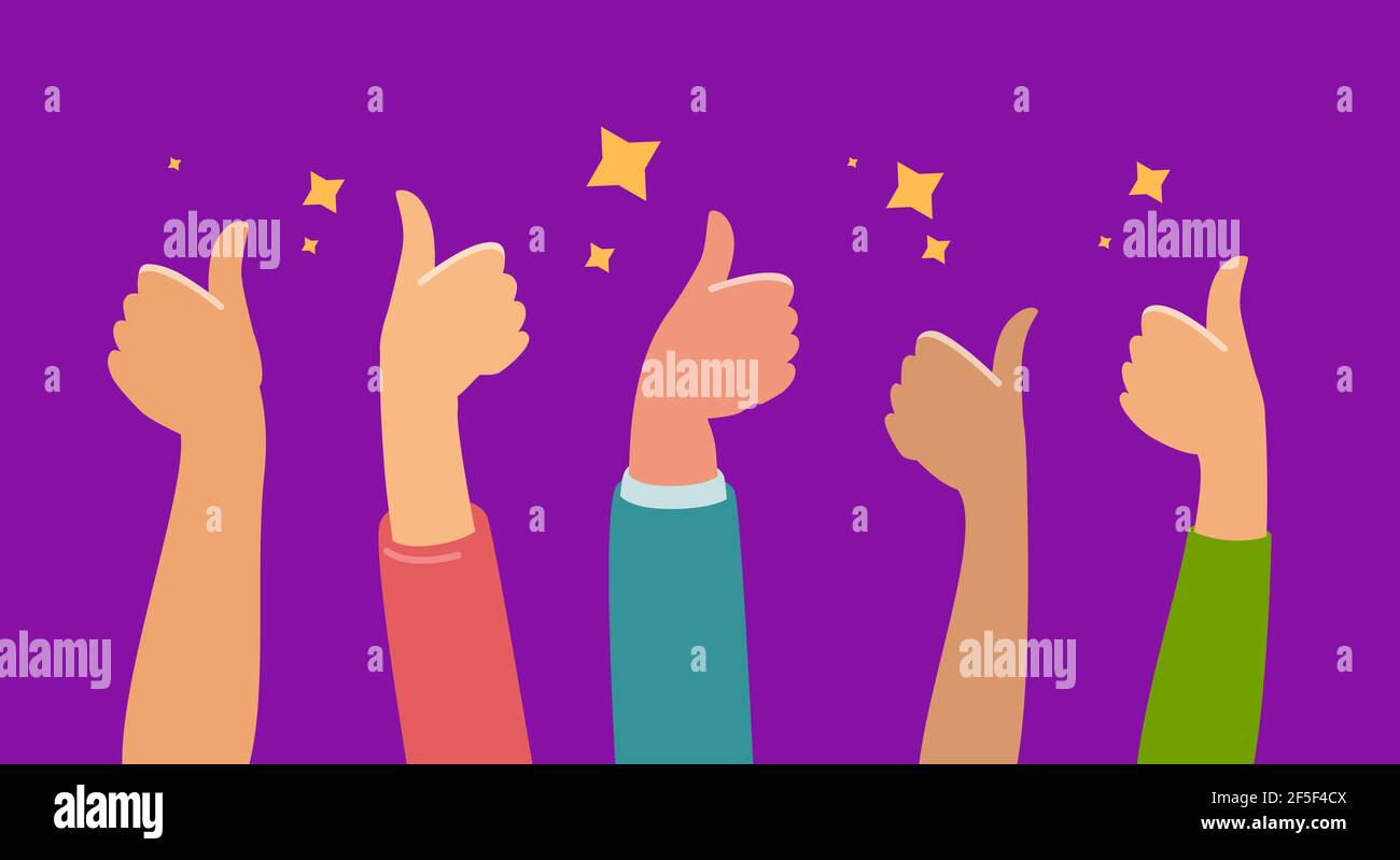 Raised hands thumbs up for success or good feedback. Flat cartoon vector illustration Stock Vector