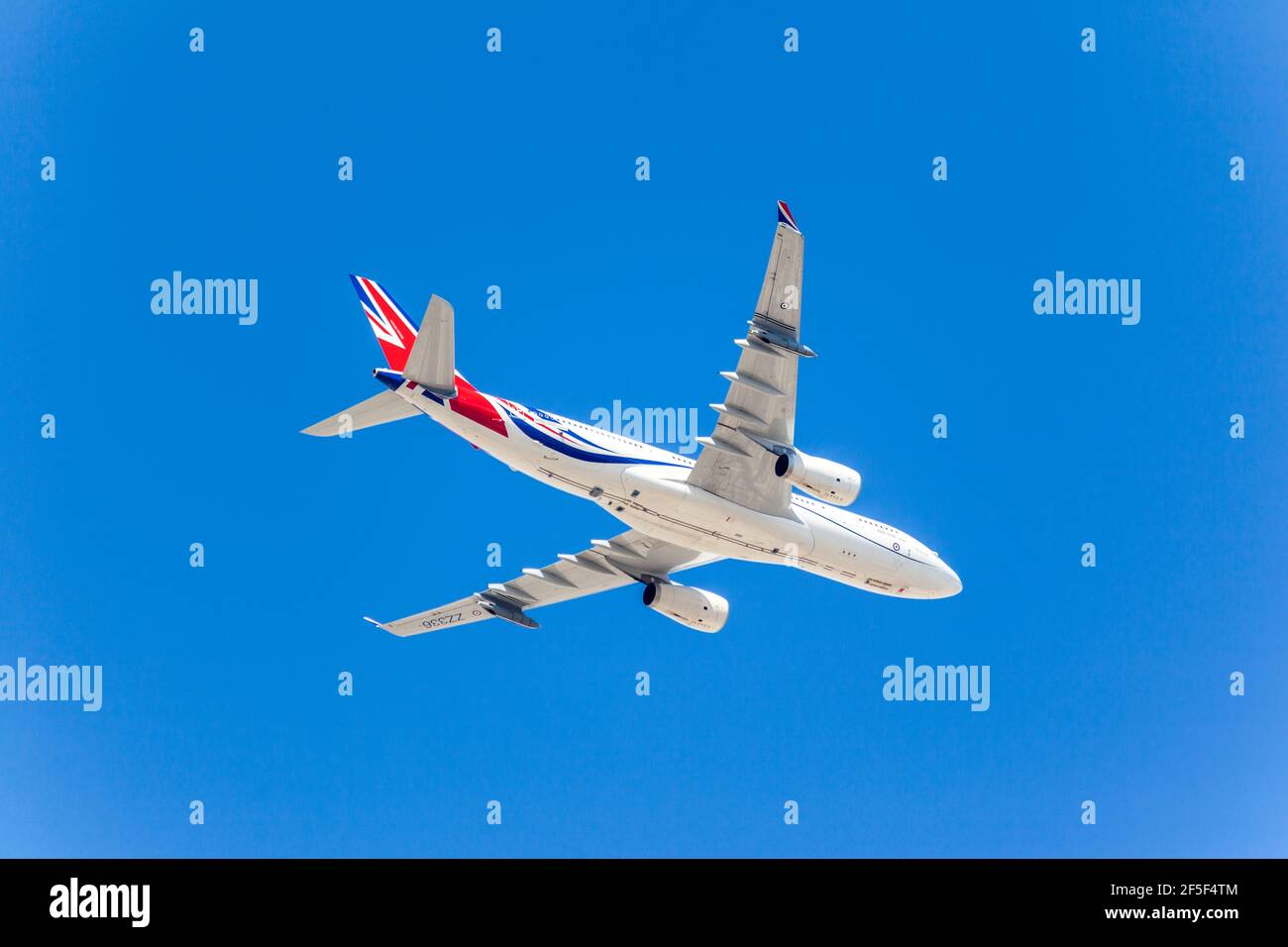 The Royal Air Force's VIP Airbus A330 (RAF Voyager) flying over Athens, Greece, during the parade for the 200 years of the Greek Independence War. Stock Photo