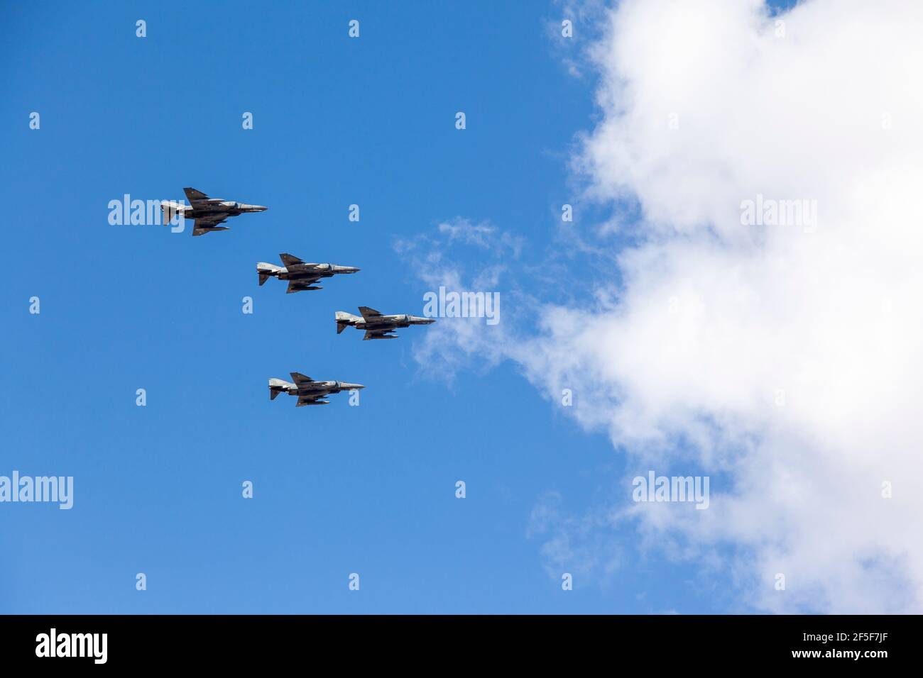 F-4 Phantom II, supersonic fighter bombers flying in formation above Athens, during the parade for the 200 years of the Greek Independence War. Stock Photo