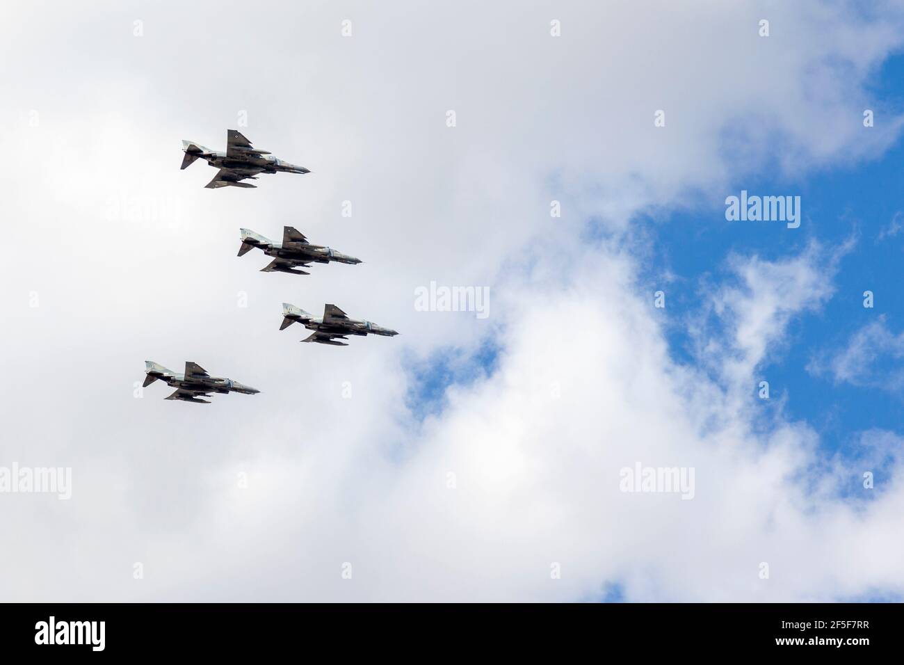 F-4 Phantom II, supersonic fighter bombers flying in formation above Athens, during the parade for the 200 years of the Greek Independence War. Stock Photo