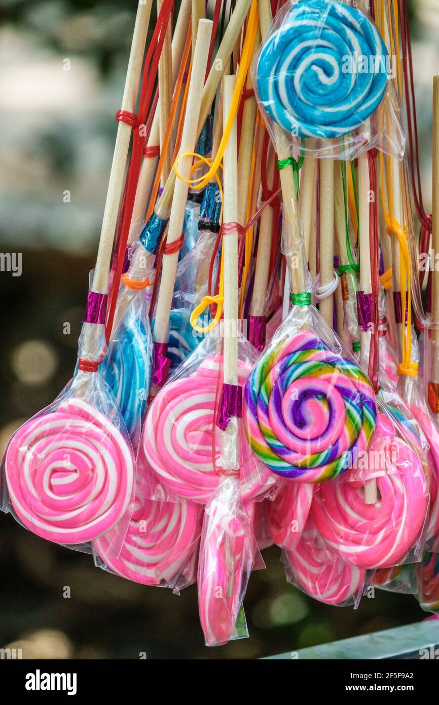 Mexico Mexico City Ciudad de Federal District Distrito DF D.F. CDMX Polanco Bosque de Chapultepec forest city park snack vendor hard candy jumbo swirl Stock Photo