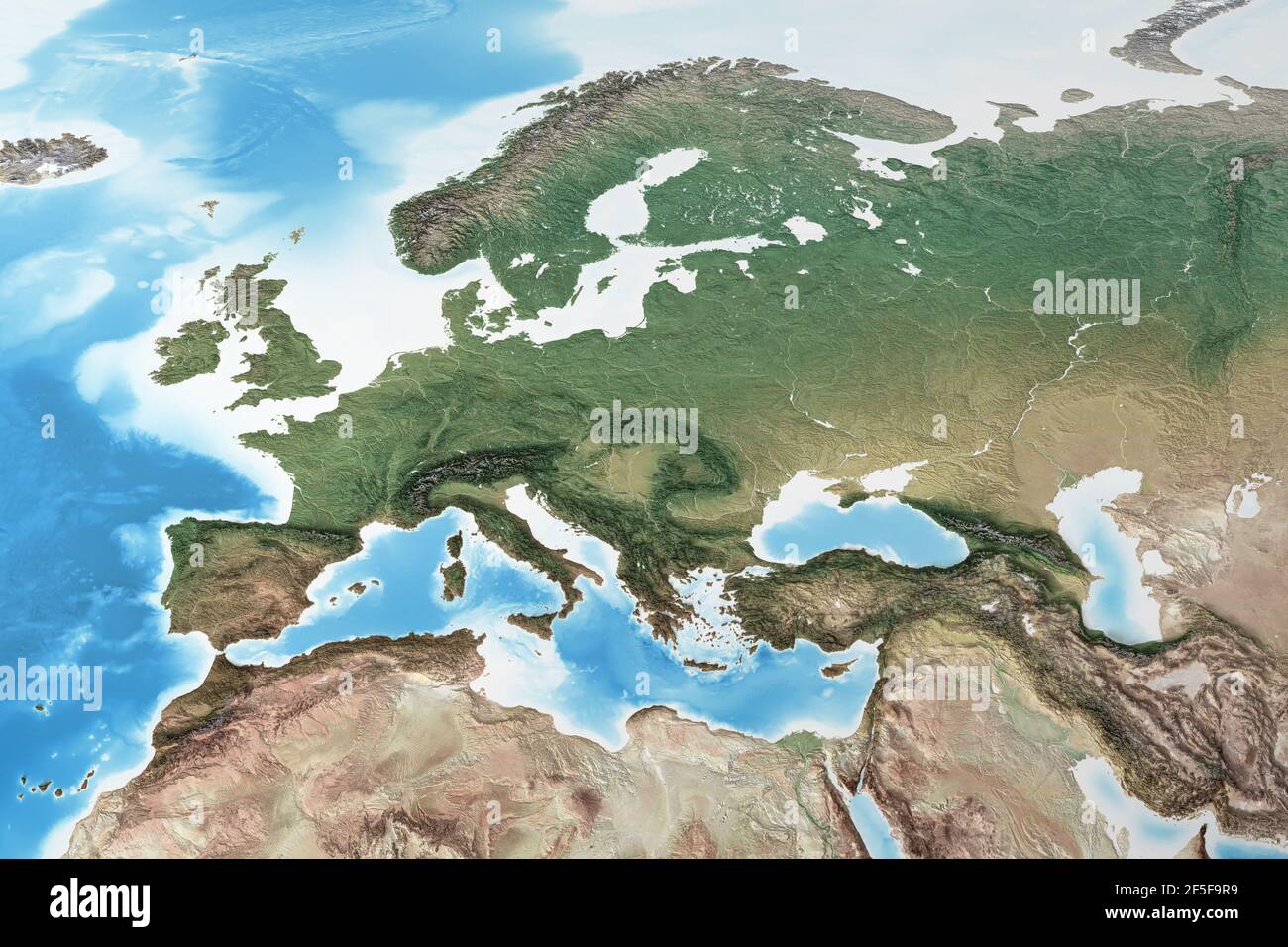 Physical map of Western Europe, with high resolution details. Flattened satellite view of Planet Earth and its geography - Elements furnished by NASA Stock Photo