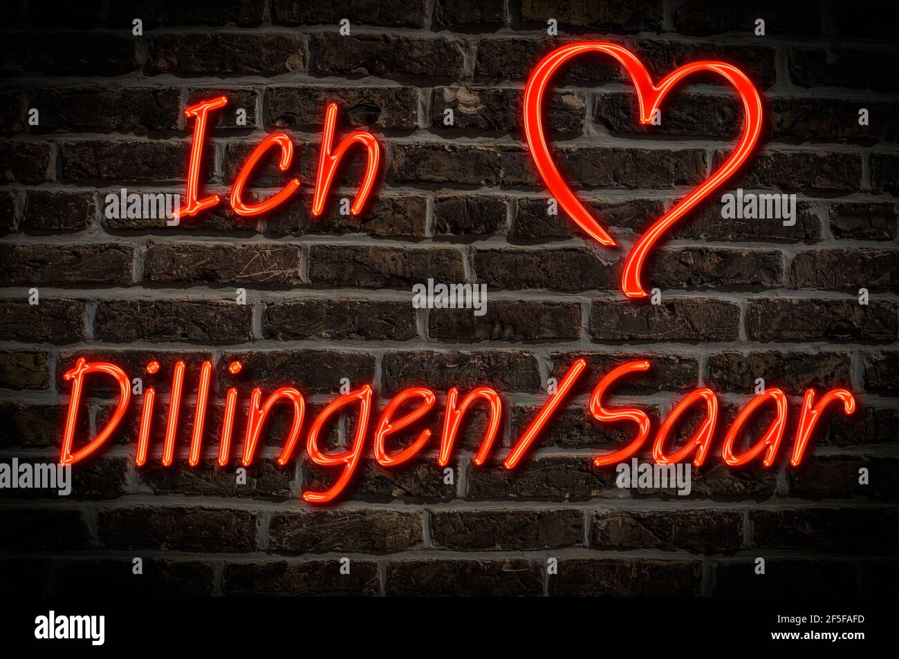 Leuchtreklame, Ich liebe Dillingen/Saar, Saarland, Deutschland, Europa | Illuminated advertising, I love Dillingen/Saar, Saarland, Germany, Europe Stock Photo