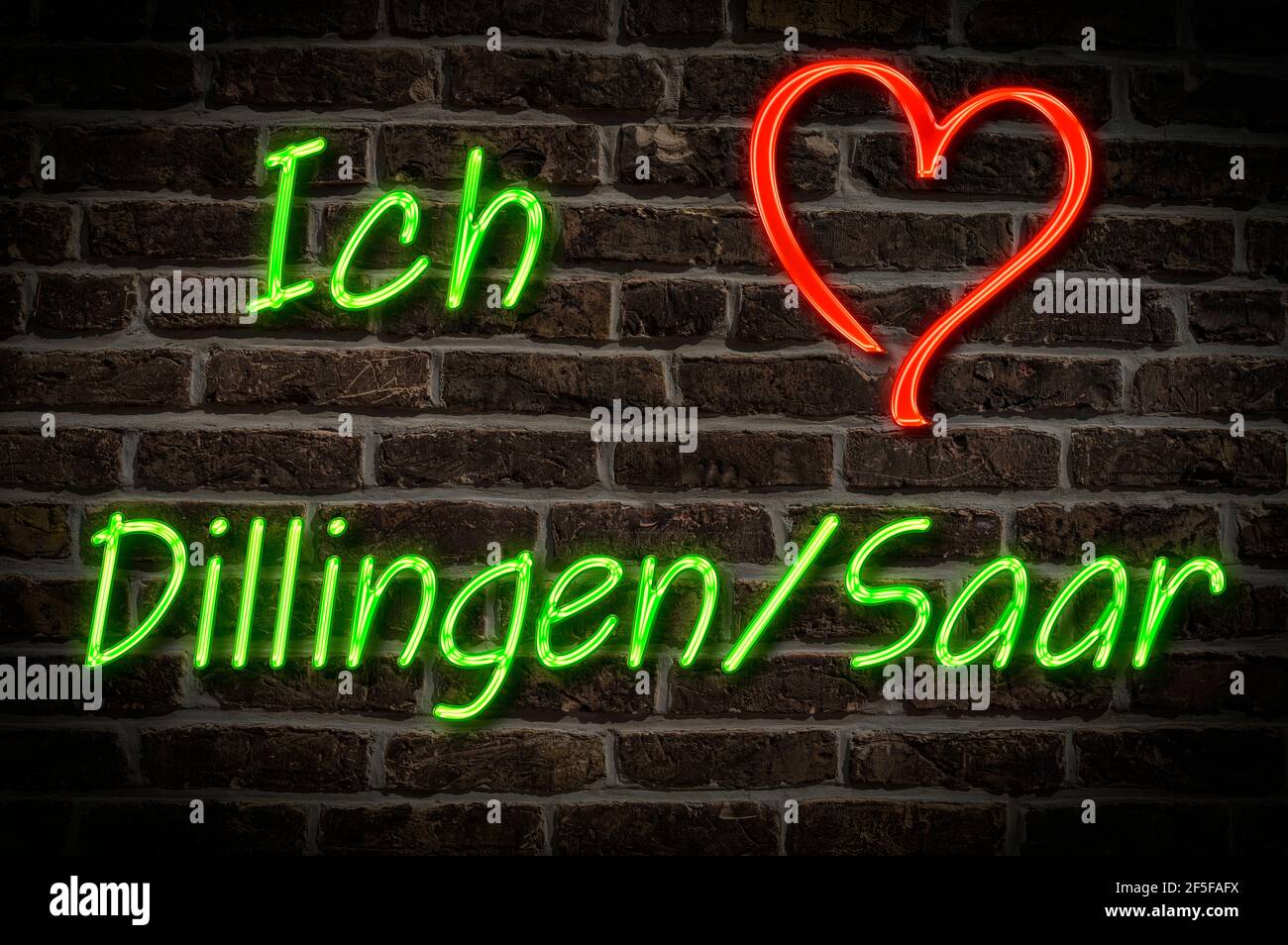 Leuchtreklame, Ich liebe Dillingen/Saar, Saarland, Deutschland, Europa | Illuminated advertising, I love Dillingen/Saar, Saarland, Germany, Europe Stock Photo