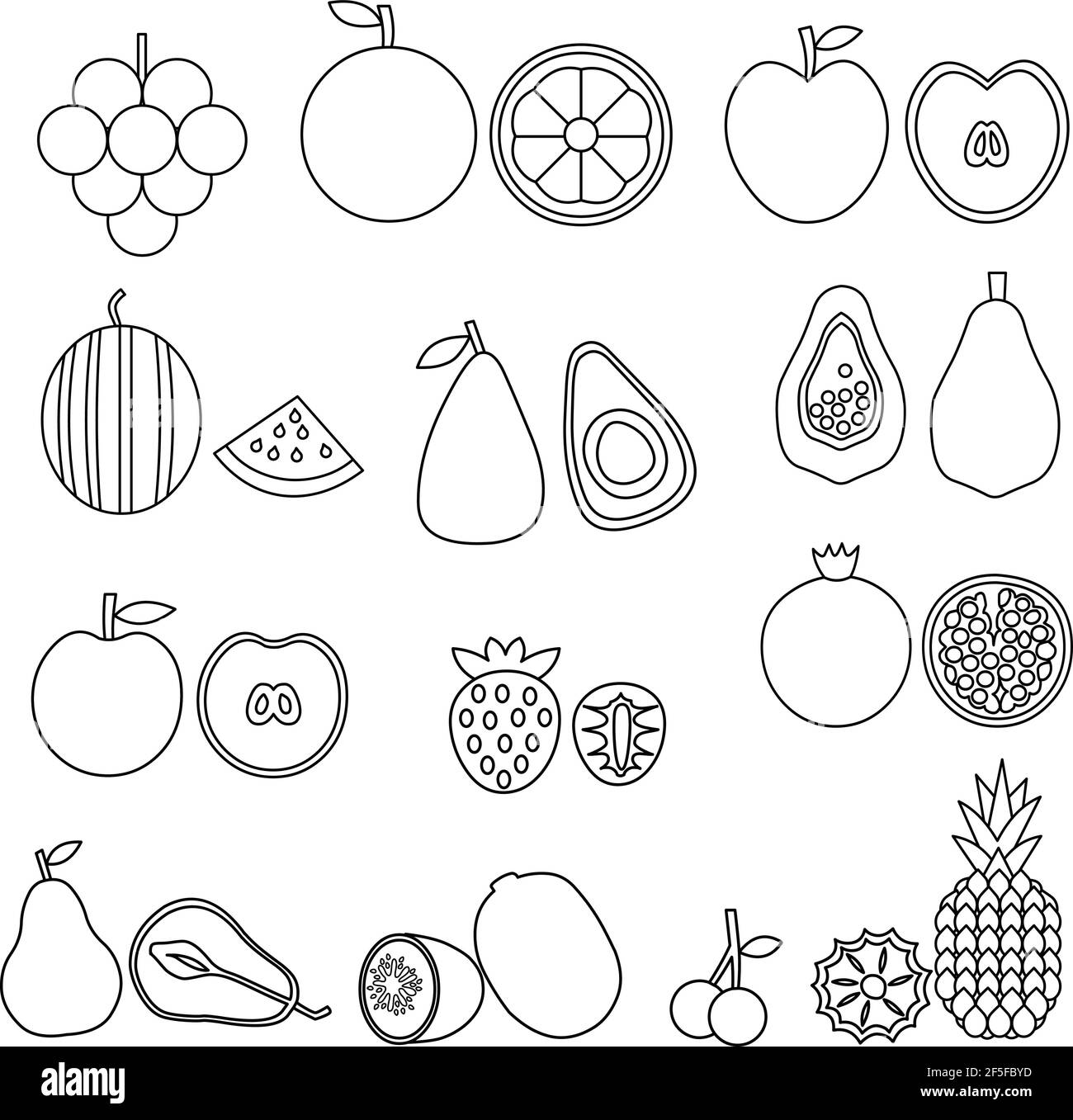 Set of fruits icons black line drawing vector isolated on white ...