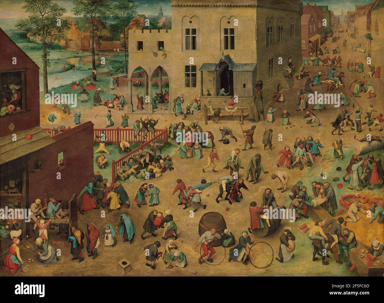 Title: Children's Games Creator:  Pieter Bruegel the Elder Date: 1560 Medium: Oil on canvas Dimensions:118x161 cms Location: Kunsthistorisches Museum, Vienna, Austria Stock Photo
