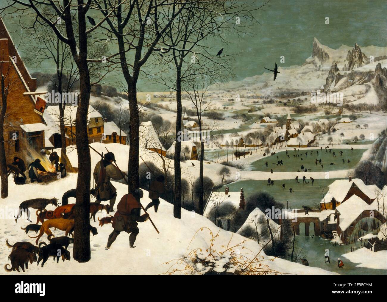 Title: Hunters in the Snow Creator:  Pieter Bruegel the Elder Date: 1565  Medium: Oil on canvas Dimensions: 117 x 162 cms Location: Kunsthistorisches Museum, Vienna, Austria Stock Photo