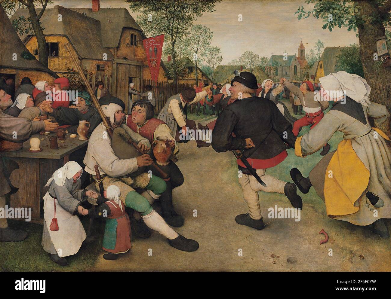 Title: Peasant Dance Creator:  Pieter Bruegel the Elder Date: 1568  Medium: Oil on canvas Dimensions: 114 x 164 cms Location: Kunsthistorisches Museum, Vienna, Austria Stock Photo