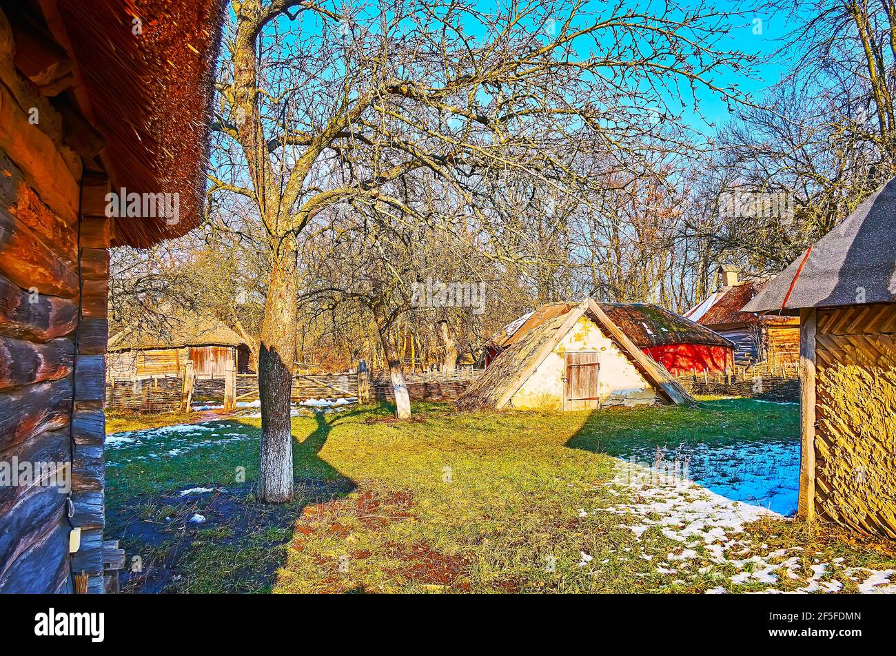 The green yard of the small farmstead with a view on barns, pens, storages  and a small clay root cellar, Pyrohiv Skansen, Kyiv, Ukraine Stock Photo -  Alamy