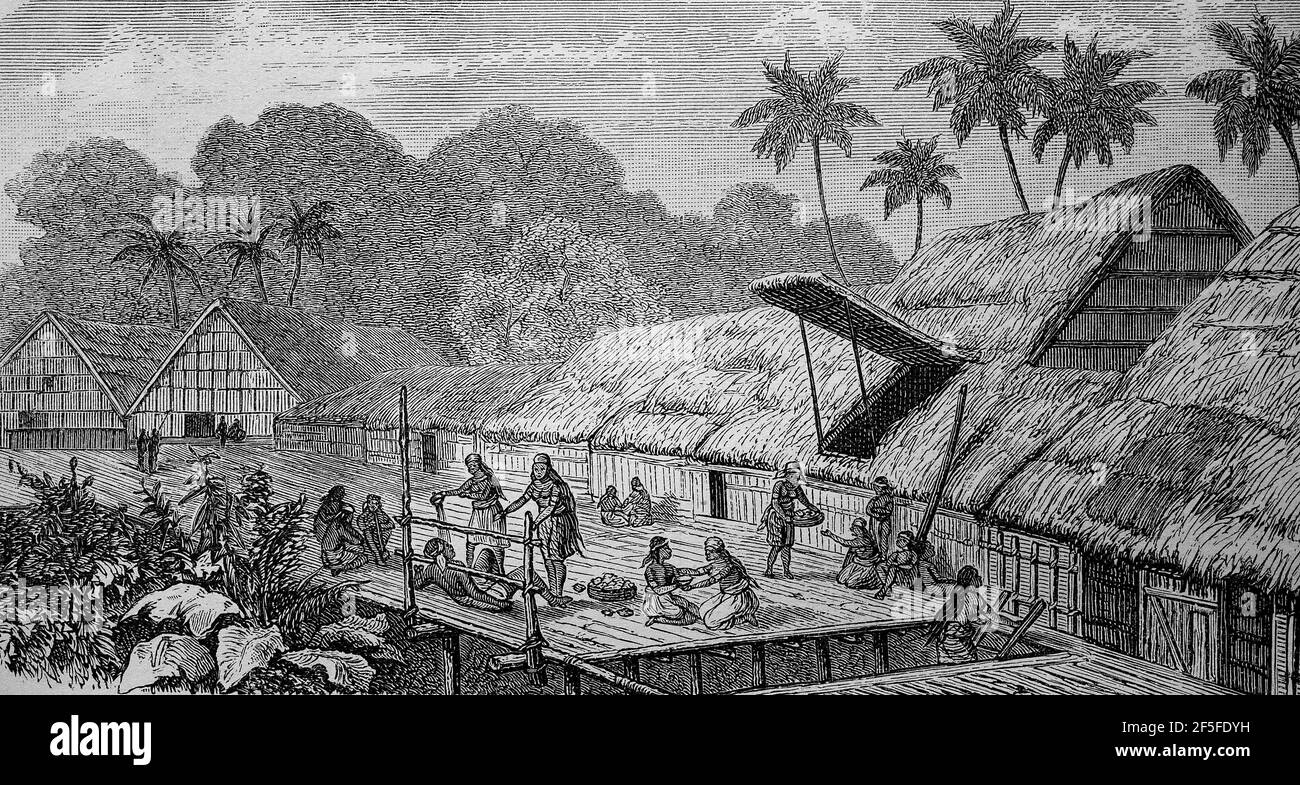 Village of the Dajak ethnic group on Borneo, Indonesia, in 1880  /  Dorf der Volksgruppe Dajaks auf Borneo, Indonesien, im Jahre 1880, Historisch, historical, digital improved reproduction of an original from the 19th century / digitale Reproduktion einer Originalvorlage aus dem 19. Jahrhundert, Stock Photo