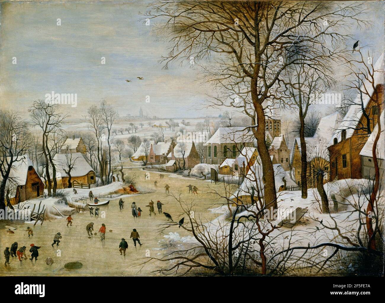 Title: Winter Landscape with Skaters and a Bird Trap Creator:  Pieter Bruegel the Elder Date: 1565 Medium: oil on panel Dimensions: 37x55.5 cms Location: Musees Royaux des Beaux-Arts de Belgique, Brussels, Belgium Stock Photo