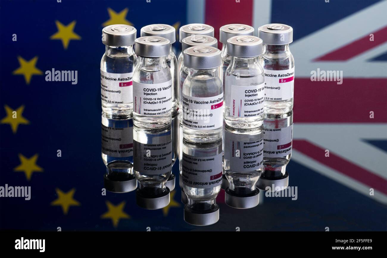 3/26/2021:Graphic representation of the conflict between the eu and the united kingdom with the distribution of covid 19 vaccines from Astra Zeneca Stock Photo