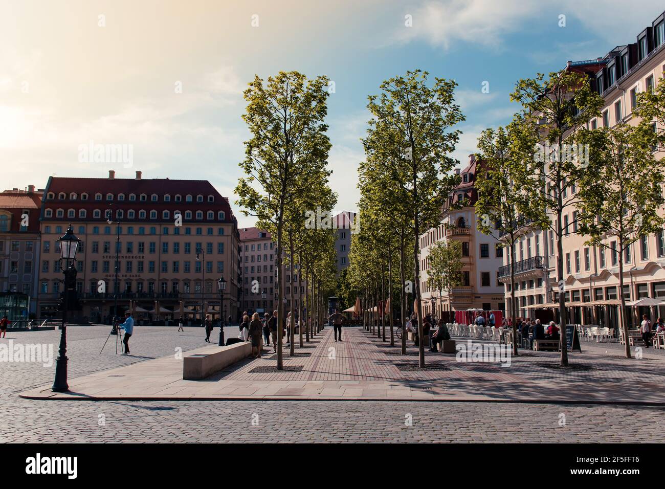 17 May 2019 Dresden, Germany - The Neumarkt in Dresden is culturally significant section of Dresden Mitte, tree alley opposite Frauenkirche. Stock Photo